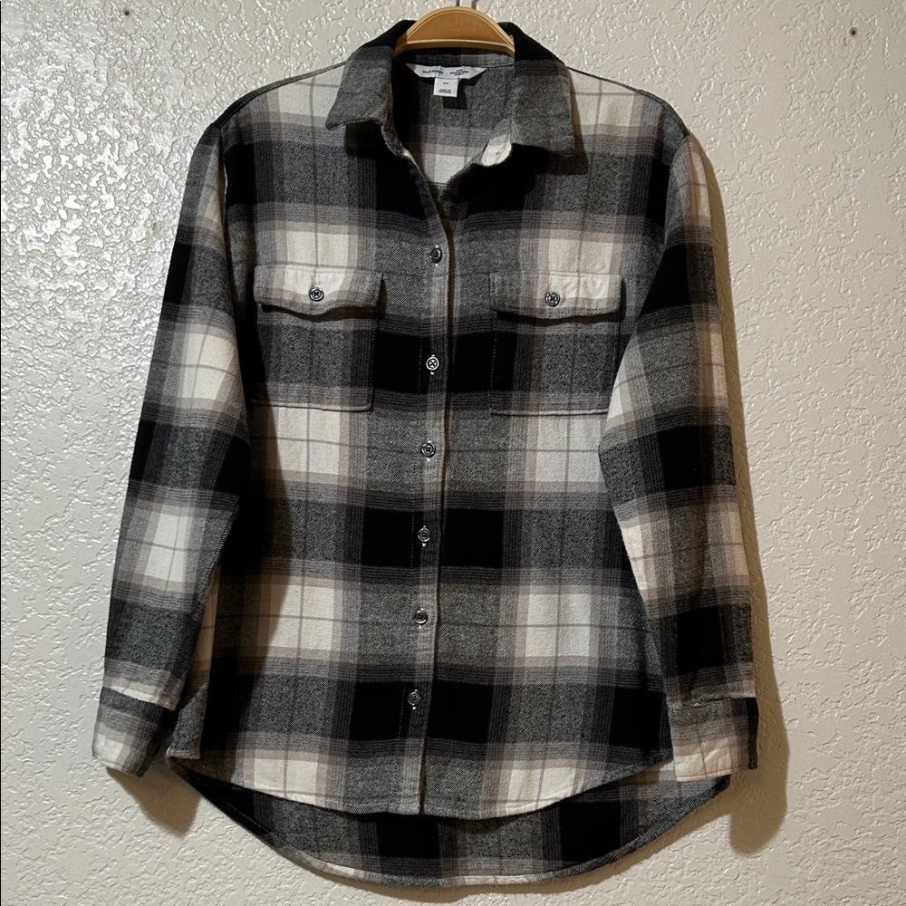 New-The Boyfriend Shirt Old Navy Black, Cream & Tan Checkered Flannel Shirt
